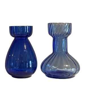 Vintage Cobalt Blue Small Glass Vases Ribbed Swirl Pattern, set of 2